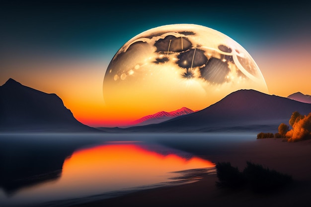 Una puesta de sol con una montaña y una luna.