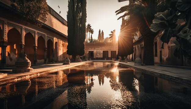 La puesta de sol se refleja en la historia antigua del monumento en ruinas iluminada generada por IA