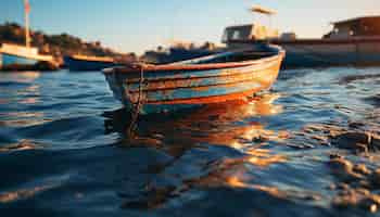 Foto gratuita puesta de sol sobre aguas tranquilas barco de pesca amarrado en un muelle comercial generado por inteligencia artificial