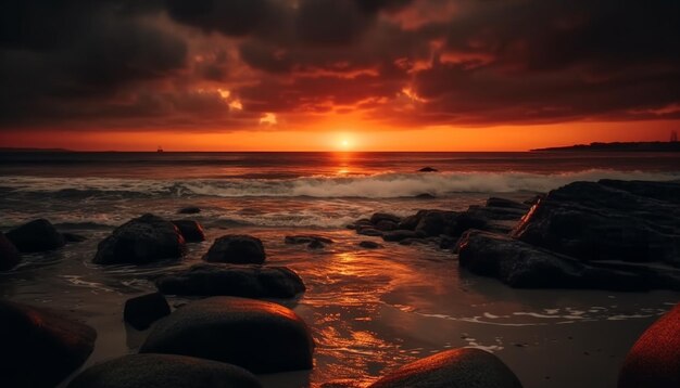 Puesta de sol sobre aguas tranquilas, una belleza espectacular generada por IA