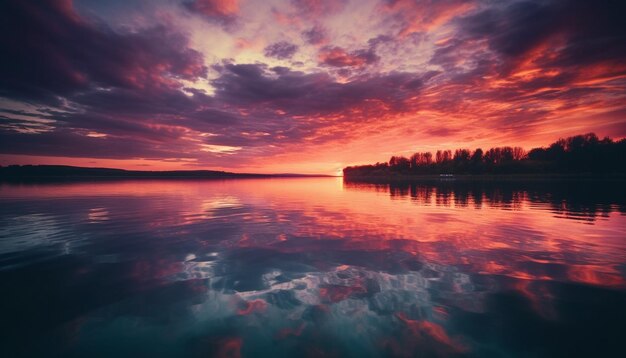 Puesta de sol sobre aguas tranquilas, la belleza de la naturaleza brilla generada por IA