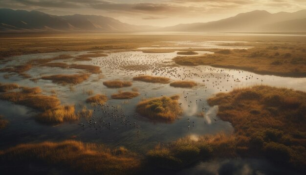 Puesta de sol sobre aguas tranquilas naturaleza idílica belleza generada por IA