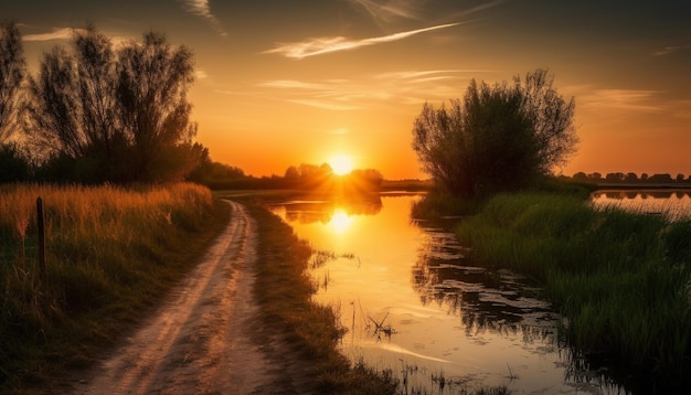 Puesta de sol sobre la belleza de la naturaleza del estanque tranquilo reflejada generada por AI