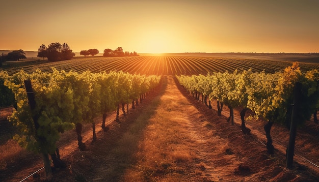 Puesta de sol sobre la belleza de la naturaleza del viñedo en la agricultura generada por IA