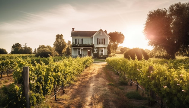 Puesta de sol sobre la belleza rural de los viñedos en la naturaleza generada por IA