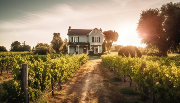 Puesta de sol sobre la belleza rural de los viñedos en la naturaleza generada por IA