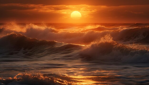 Puesta de sol sobre el choque de olas de agua en la costa generada por IA