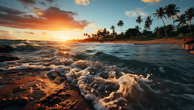 Foto gratuita la puesta de sol sobre la costa tropical, las olas chocando contra las costas arenosas generadas por la inteligencia artificial.