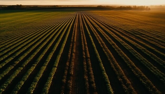 Puesta de sol sobre el crecimiento agrícola del campo de trigo abunda generado por AI