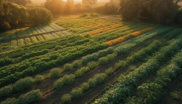 Puesta de sol sobre el crecimiento agrícola rural abunda generado por IA