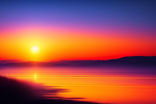 Una puesta de sol sobre un cuerpo de agua con una montaña al fondo.