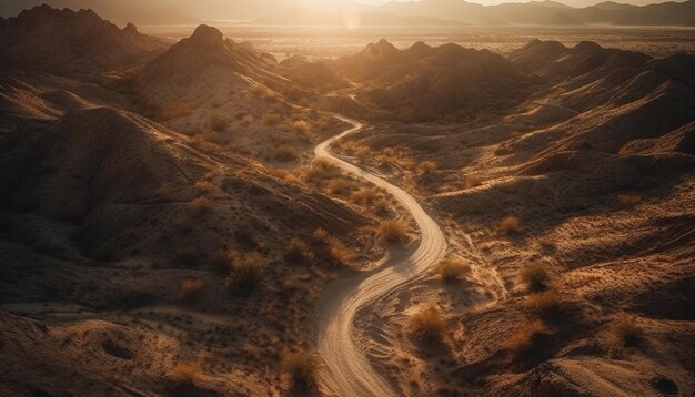 Puesta de sol sobre las curvas de los coches de la cordillera a través del terreno generado por IA