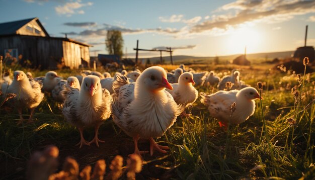 Puesta de sol sobre la granja rural: los pollos deambulan libremente en prados generados por inteligencia artificial