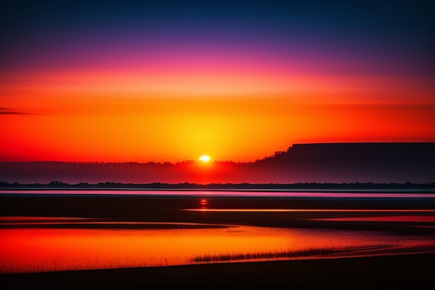 Una puesta de sol sobre el mar con un acantilado al fondo