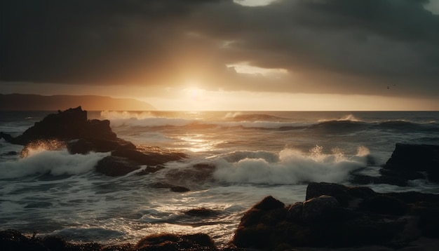 Foto gratuita una puesta de sol sobre el océano con olas rompiendo en las rocas