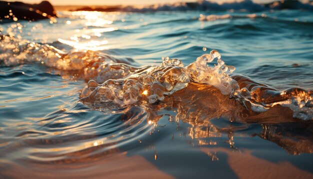 La puesta de sol sobre las olas de agua que se estrellan contra las costas de arena generadas por la inteligencia artificial