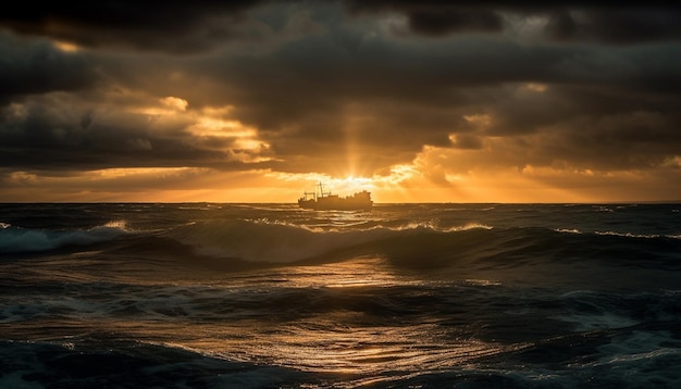 Foto gratuita la puesta de sol sobre las olas del océano rompiendo nubes pintando el cielo generado por la inteligencia artificial