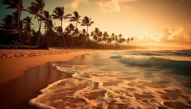 Puesta de sol sobre la silueta de la palmera de la costa tropical generada por IA