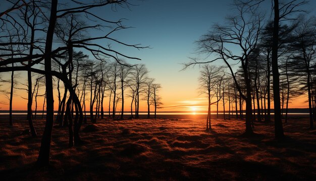 Puesta de sol sobre la tranquila belleza natural de la costa en naranja y amarillo generada por inteligencia artificial