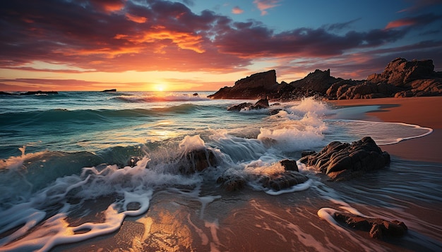 Foto gratuita la puesta de sol sobre la tranquila costa las olas chocan contra las costas rocosas generadas por la inteligencia artificial