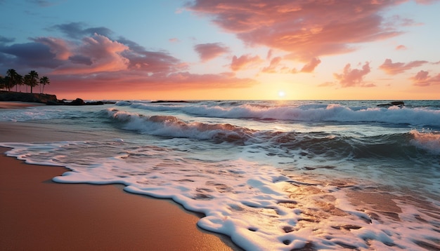 Foto gratuita la puesta de sol sobre la tranquila costa las olas reflejan la belleza de la naturaleza generada por la inteligencia artificial