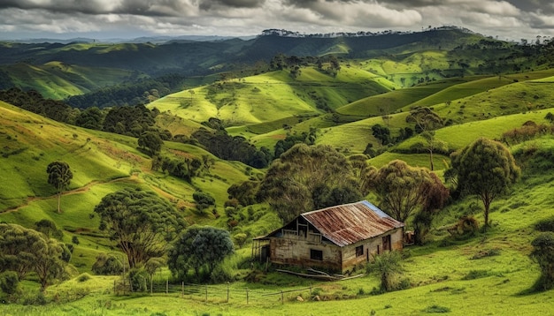 Foto gratuita puesta de sol tranquila sobre una casa de campo rústica de montaña generada por ia