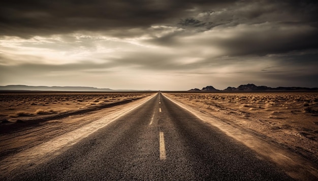 Punto de fuga en la belleza de la puesta de sol de la carretera vacía generada por IA