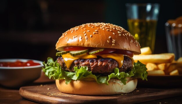 Queso cheddar derritiéndose en una hamburguesa de ternera a la parrilla generada por IA