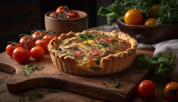 Un quiche de desayuno se sienta en una tabla de cortar con tomates y brócoli a un lado.