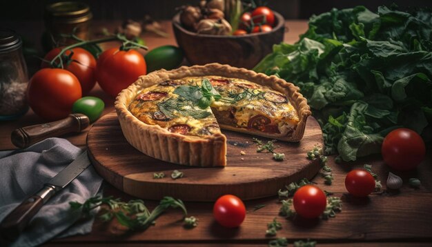 Quiche vegetariano fresco en una mesa rústica de madera generada por IA