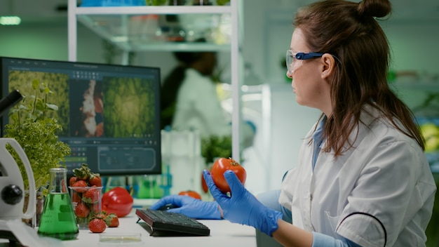 Químico farmacéutico examinando tomate para experimento de microbiología escribiendo información médica