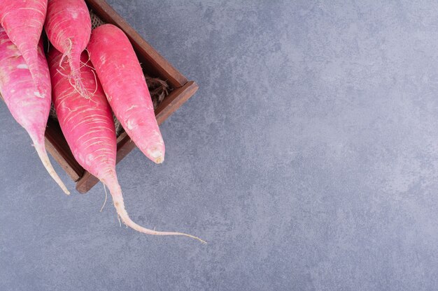 Rábanos largos rosados aislados en superficie de hormigón