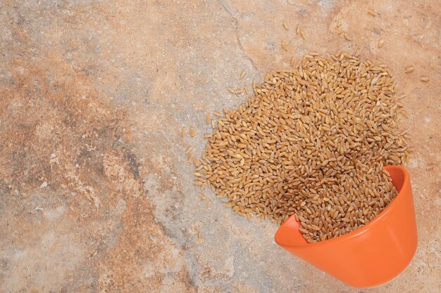 Racimo de cebada en un tazón rojo sobre fondo naranja