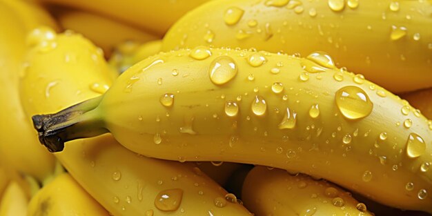 Foto gratuita un racimo de plátanos húmedos brilla las gotas acentuando su vibrante cáscara amarilla