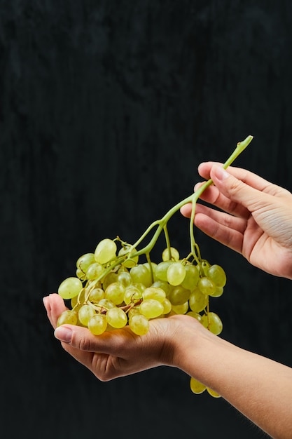 Un racimo de uvas blancas en mano sobre superficie negra