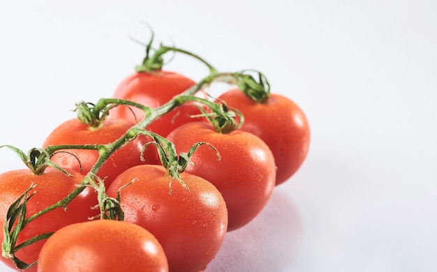 Rama de tomates orgánicos rojos sobre un fondo blanco.