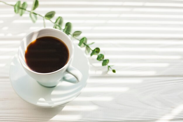 Rama verde del eucalipto y taza de café sabrosa en el escritorio de madera blanco