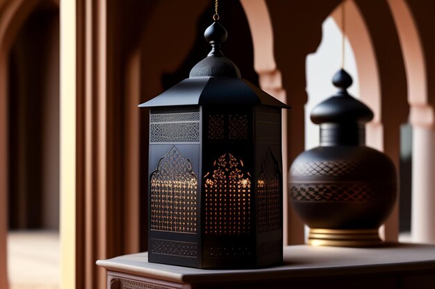 Ramadan kareem eid mubarak lámpara marroquí en la oscuridad Foto Gratis