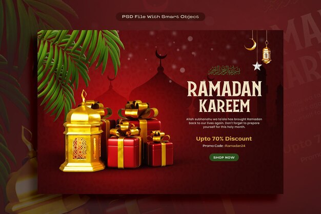 Ramadan Kareem modelo de diseño de banner de venta de oro árabe con elemento 3D dorado