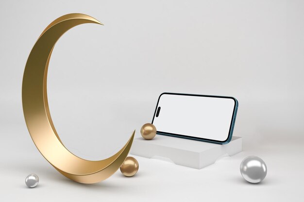 Ramadan Phone 14 App y Crescent Perspective Side en fondo blanco