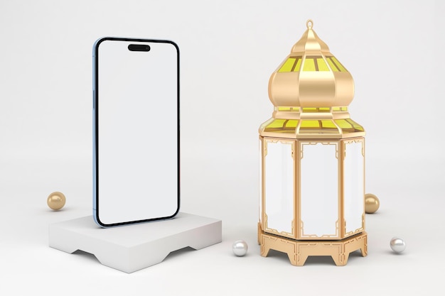 Ramadan Phone 14 con linterna en fondo blanco