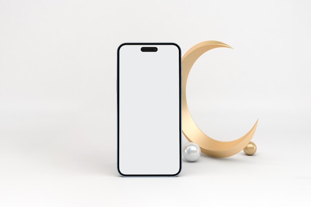 Ramadan Phone 14 con media luna en fondo blanco