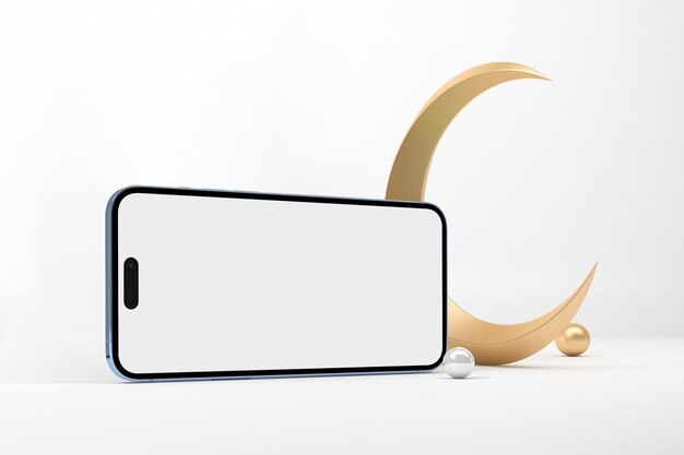 Ramadan Phone 14 Pantalla y Crescent Lado izquierdo en fondo blanco
