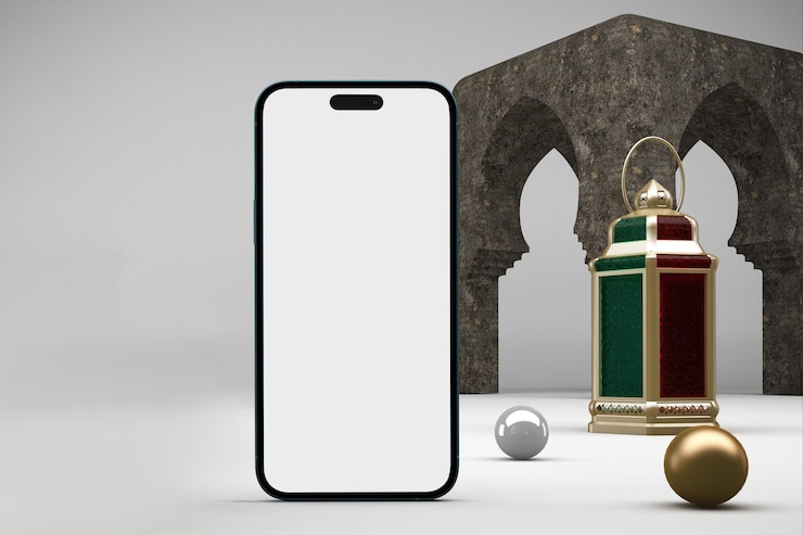 Foto gratuito ramadan phone 14 pro y lado frontal de linterna en fondo blanco