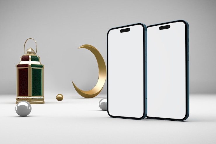 Foto gratuito ramadan phones 14 pro y lantern lado derecho en fondo blanco