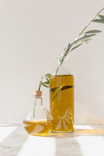 Foto gratuita ramas de olivo dentro de las botellas de aceite contra la pared
