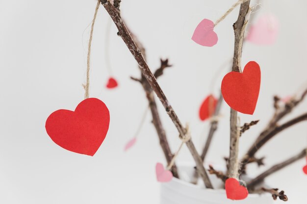 Ramas de una planta en una maceta blanca con corazones colgando de cerca