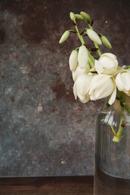 Ramita de flor blanca en la botella con agua contra fondo rústico