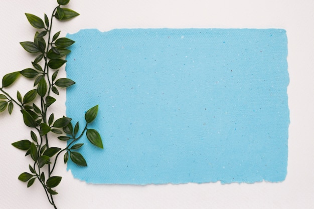 Una ramita verde artificial cerca del papel rasgado azul sobre fondo blanco.