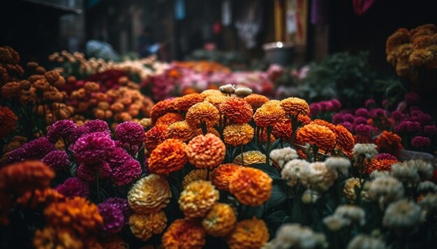 Ramo de colores vibrantes de flores multicolores al aire libre generado por IA